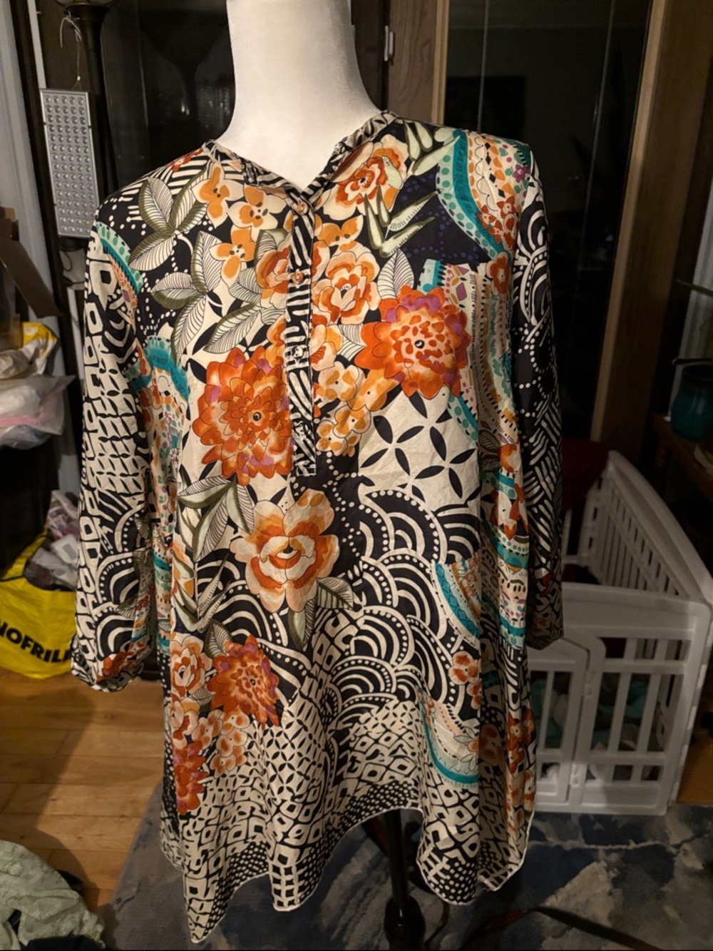 Johnny Was Black Tunic Top with Orange Floral & Teal Accents 100% Silk